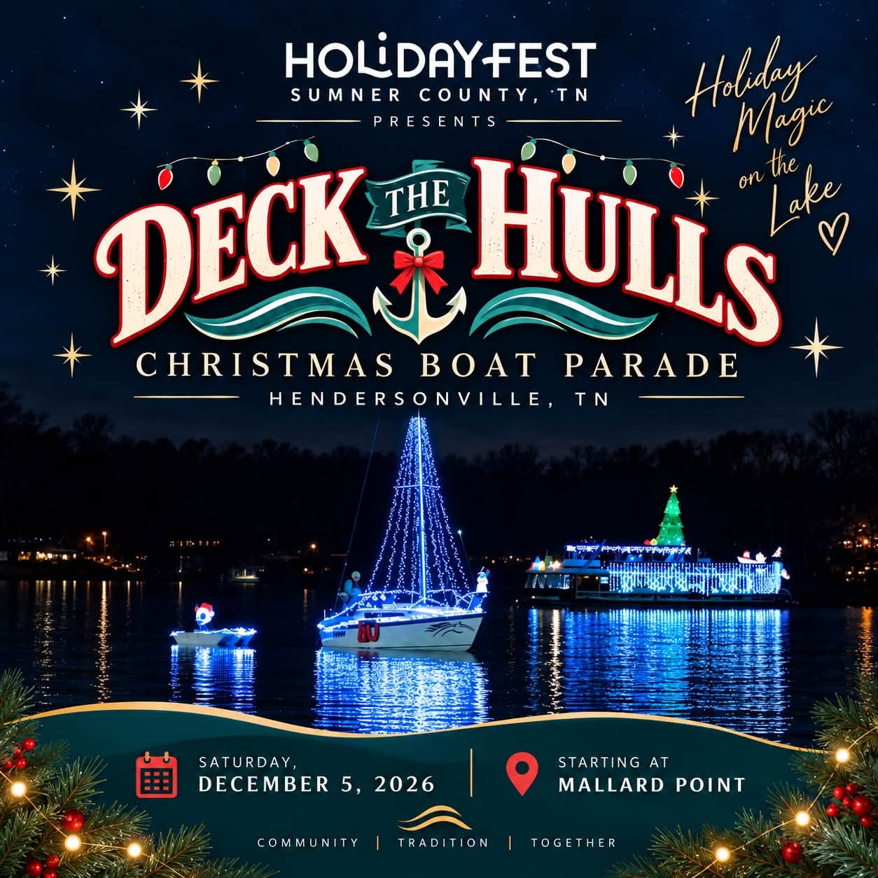 Deck The Hulls Christmas Boat Parade, Hendersonville TN — Saturday, December 5, 2026, starting at Mallard Point